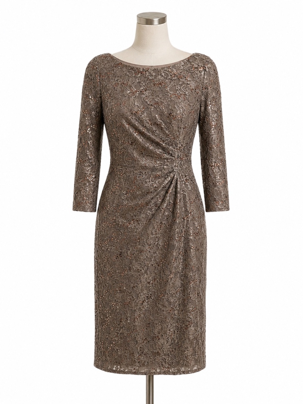 Jessica Howard Petite 6 Taupe Lace Sequin Ruched MOB Mother of the Bride Wedding